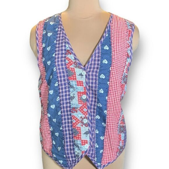 Vintage 90s Vest Tailored Suit Blue Red Heart Gingham Checkered Chambray Denim - Picture 10 of 10